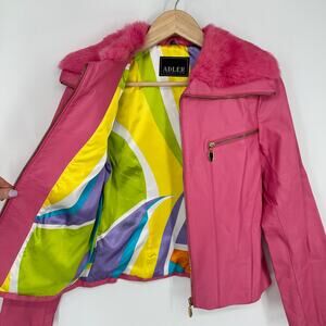 Vintage 90s Y2K Pink Leather Jacket Rabbit Fur Adler Collection Barbiecore Coat